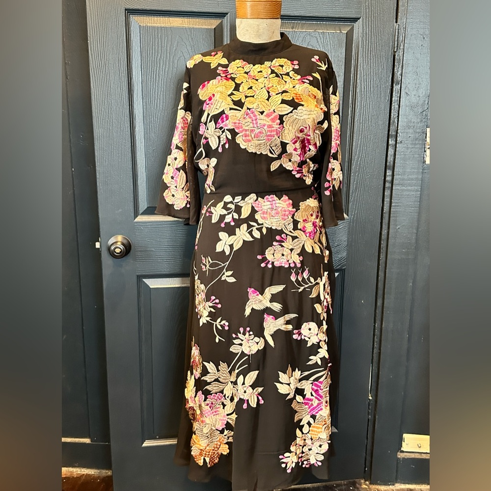 Black Floral Embroidered Midi Dress - Pink & Yellow Pattern